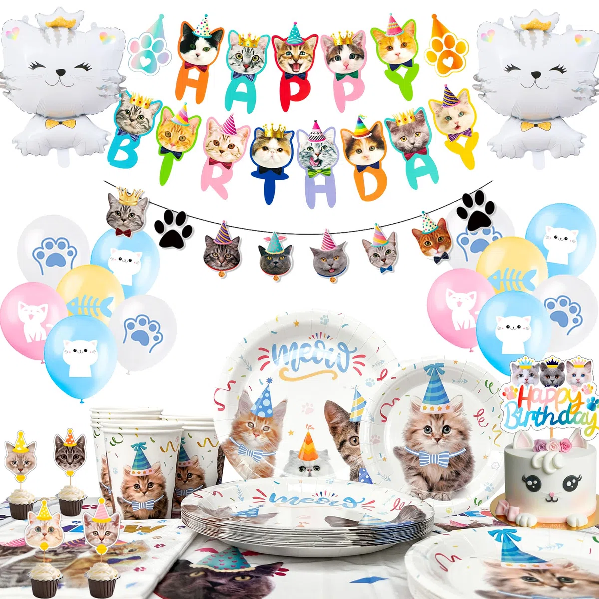 Decorazioni per Feste di Gatti,93 Pezzi Set Stoviglie & Decorazioni Gatti Compleanno Kit-Striscione Compleanno Gatto Piatti Tovaglioli Tovaglia etc Forniture per Feste di Compleanno di Gatti