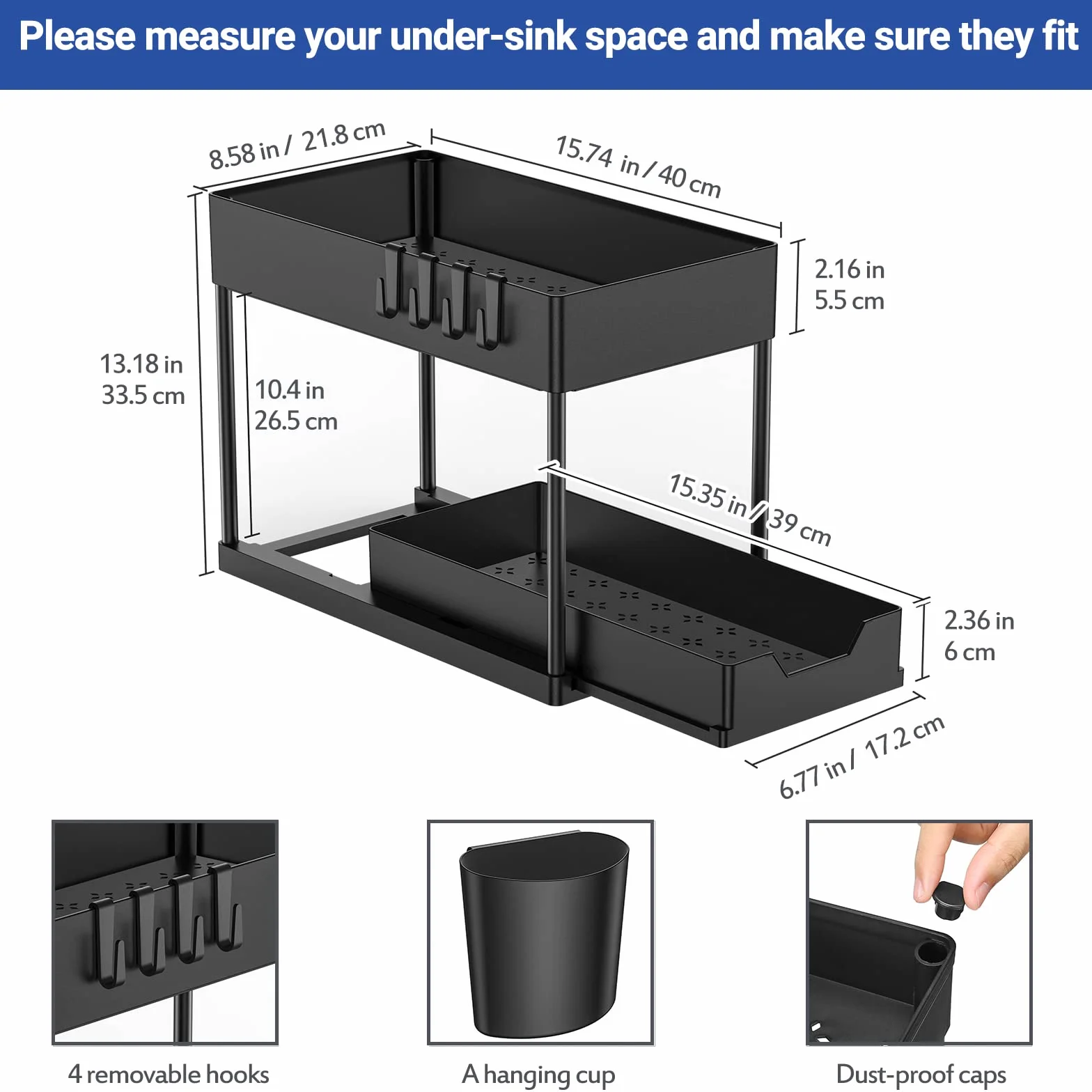 Puricon Organizer Sottolavello Cucina a 2 Livelli, Organizer Sottolavello Portaoggetti Ripiano Multiuso sotto Lavello per Cucina Bagno (Nero, 1)