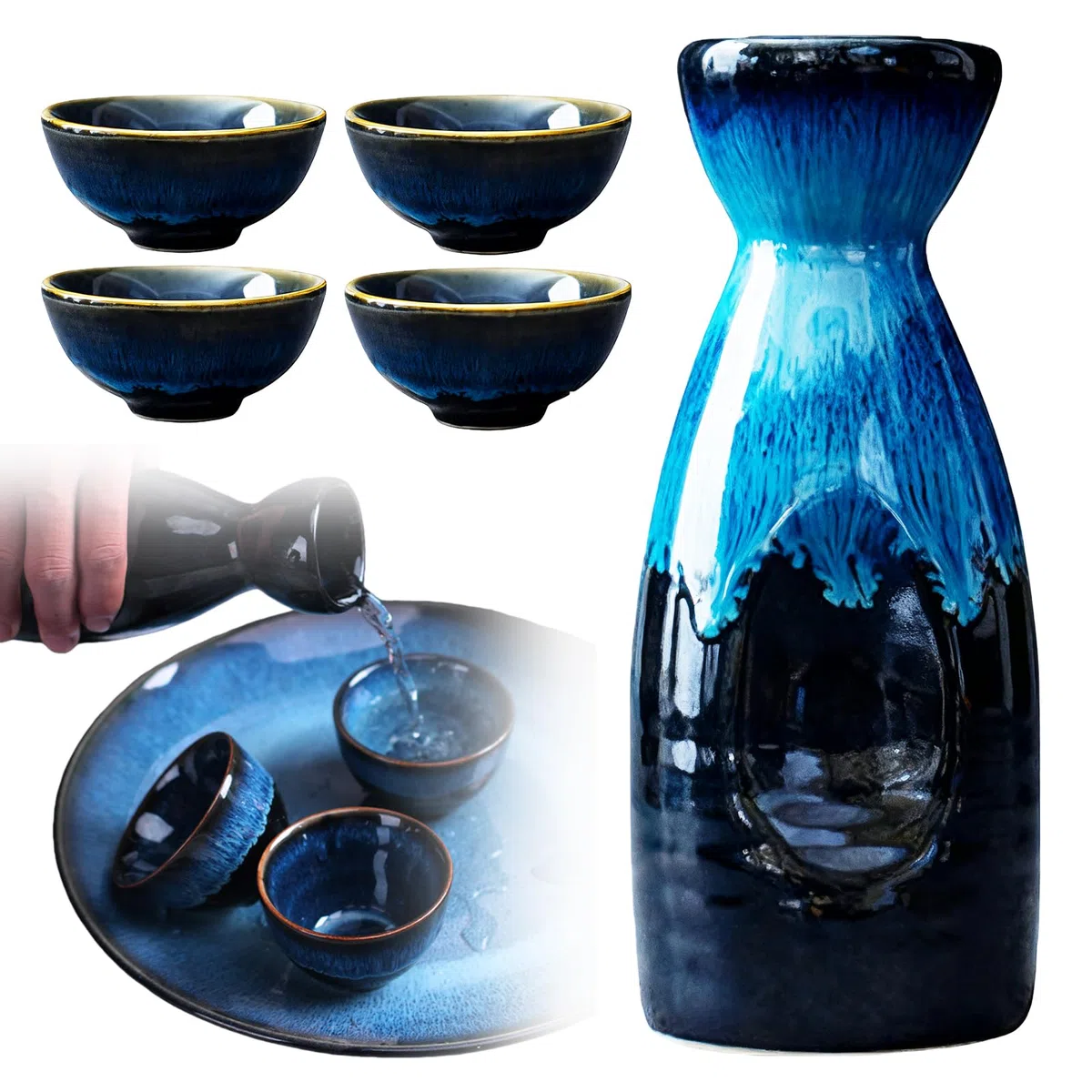 Set di 5 sake da 310 ml, in ceramica giapponese, vetro borosilicato di alta qualità con tazza e vaso di vino, elegante porcellana blu