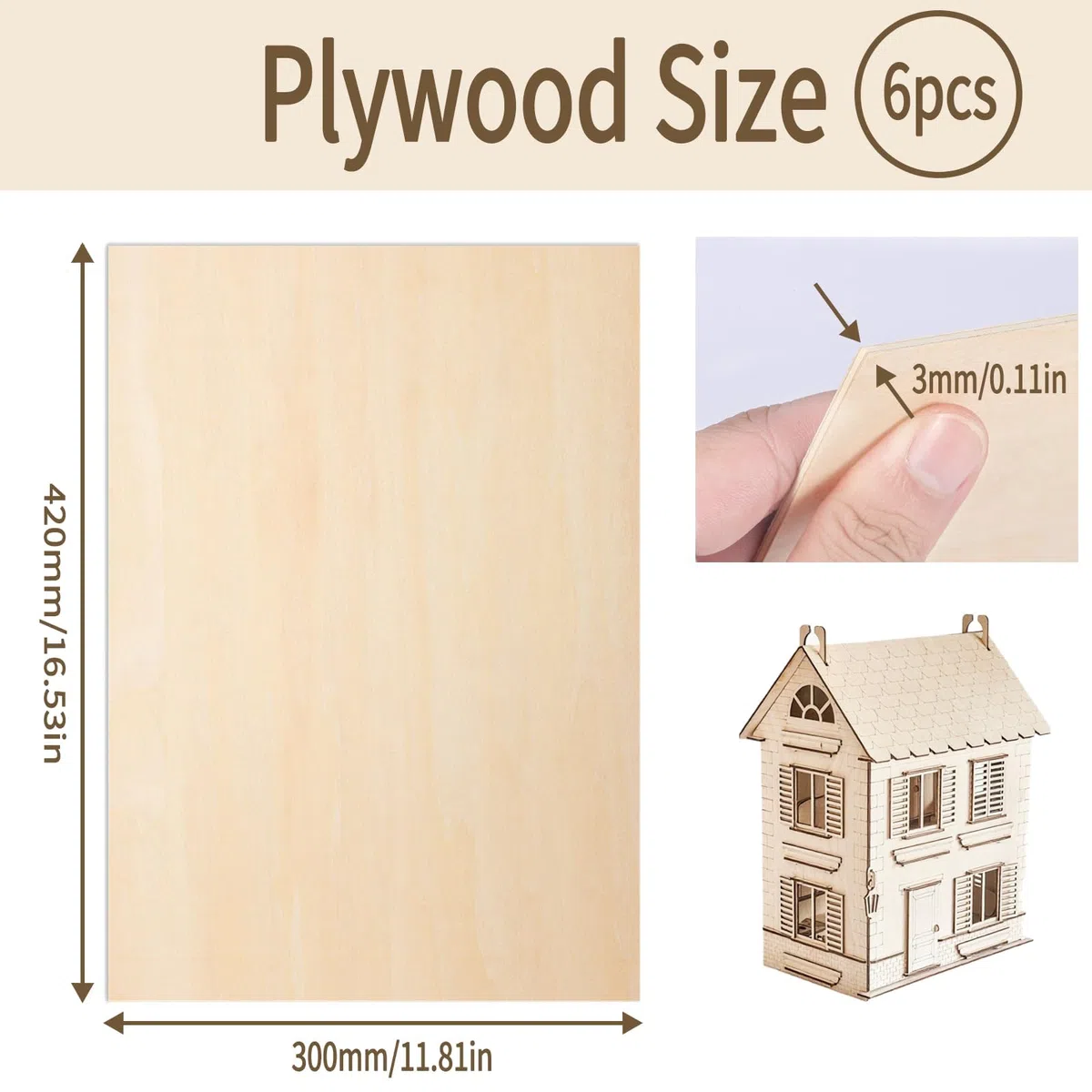Compensato 3mm Pannelli Compensato A3 42 x 30 cm Legno Compensato di Tiglio 6 pezzi Adatto per Lavori Artigianali, Modellismo fai da te, Intaglio, Pittura, Progetti Laser e Incisione su Legno