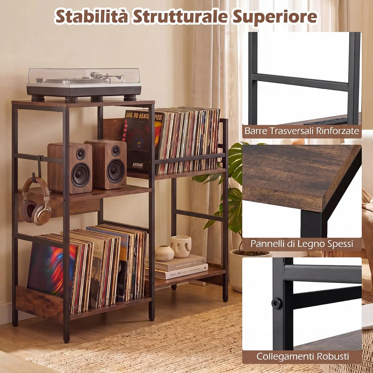 COSTWAY Mobile per Giradischi, Supporto per Vinile con Stazione di Ricarica, Mobile Porta Giradischi con 3 Ripiani, Scomparto, Ripiano Porta Vinili e 3 Ganci per Soggiorno e Studio, 78 x 30 x 78 cm