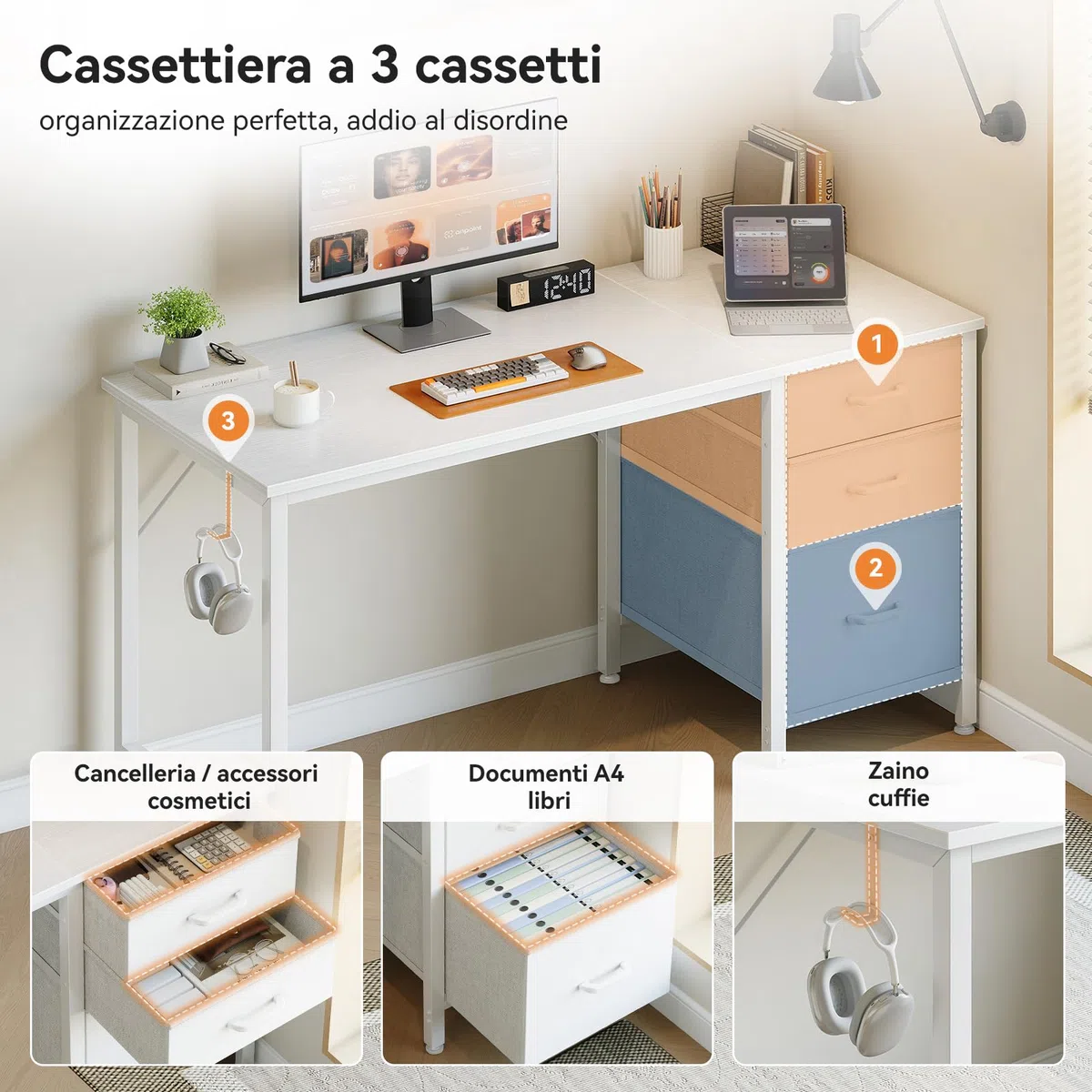 Coleshome Scrivania con 3 Cassetti in Tessuto, 120x48cm Scrivania Salvaspazio con Portacuffie, Bianco Scrivania Computer Reversibile per Piccolo Ufficio in Casa