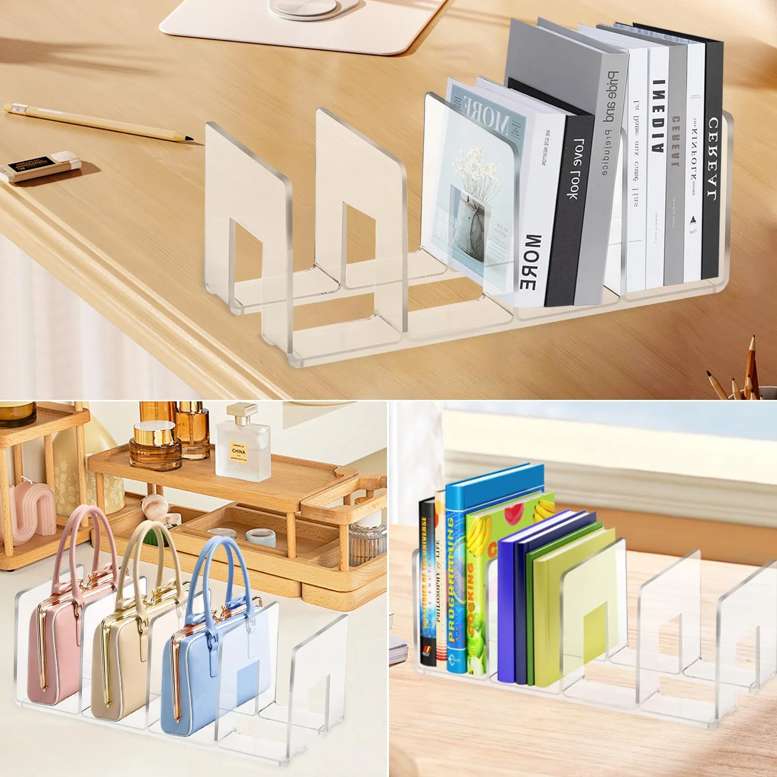 Portariviste in Acrilico con 4 Scomparti, Scaffale a Leva per Riviste, Organizer Multifunzionale per Scrivania in Acrilico, Porta Riviste e Libri per Ufficio e Biblioteca, 32x14,5x13cm (Nero)