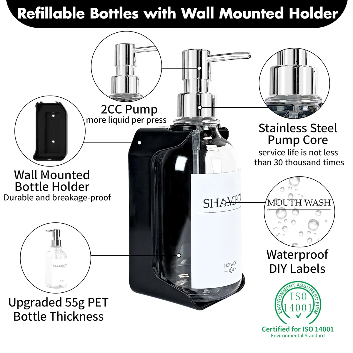 Dispenser per shampoo e balsamo, dispenser di sapone da doccia con 16 etichette impermeabili, dispenser per shampoo per parete doccia, dispenser per doccia a 3 camere senza trapano, 500 ml,