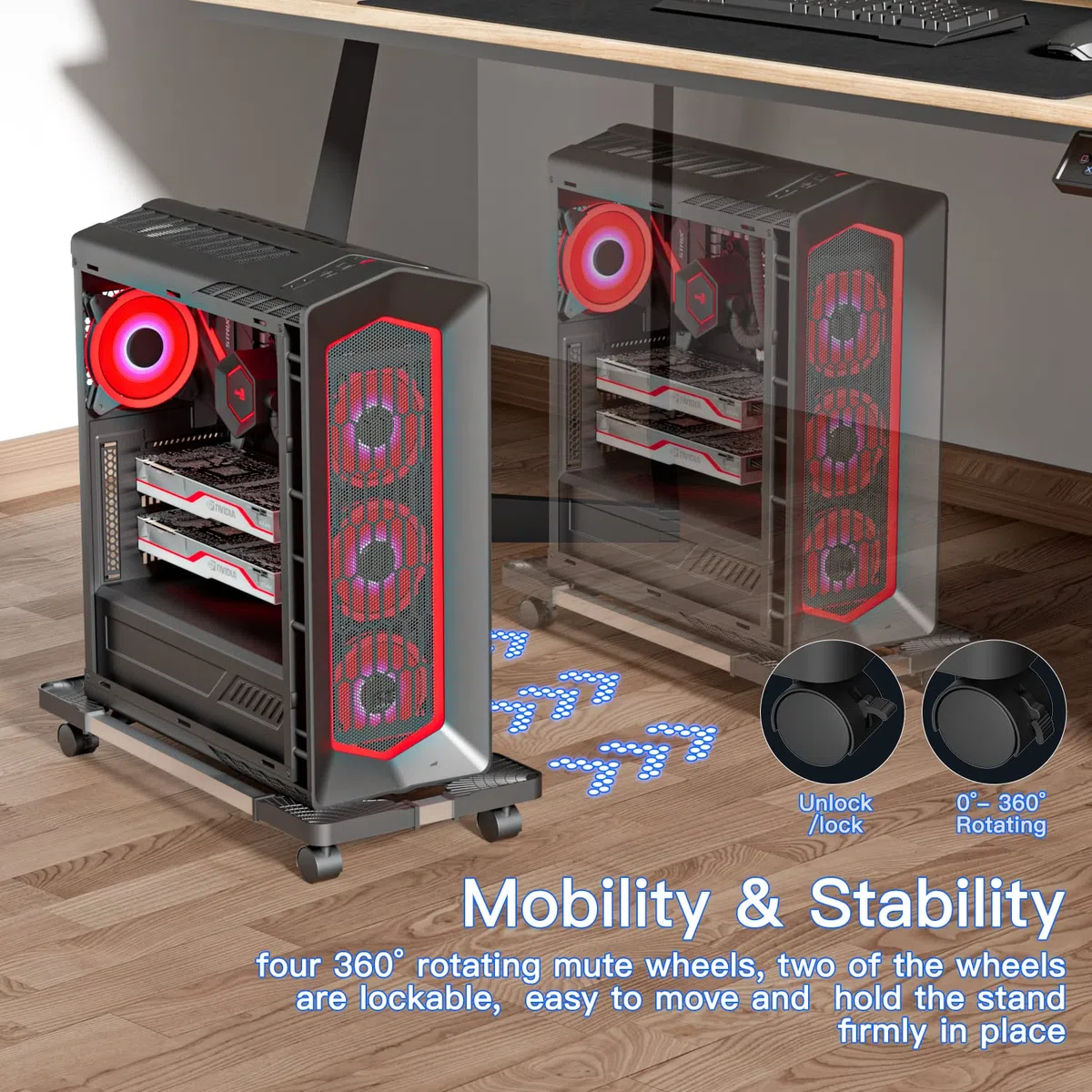 Supporto per CPU per PC, Adromy Computer Desktop Stand, Universale Regolabile CPU, Case Supporto Mobile con 4 Rotelle, Carrello CPU Sotto Scrivania - Nero