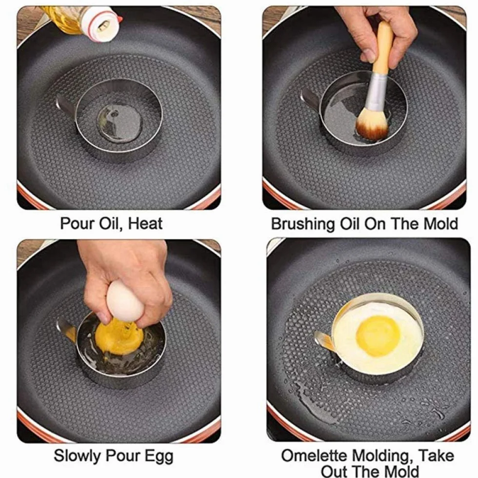 4 PZ 9cm Anello di uovo, per Cuocere Uova Fritte, Pancake, Omelette e Molto Altro Ancora, Antiaderenti(Pennello per Oliare Incluso)