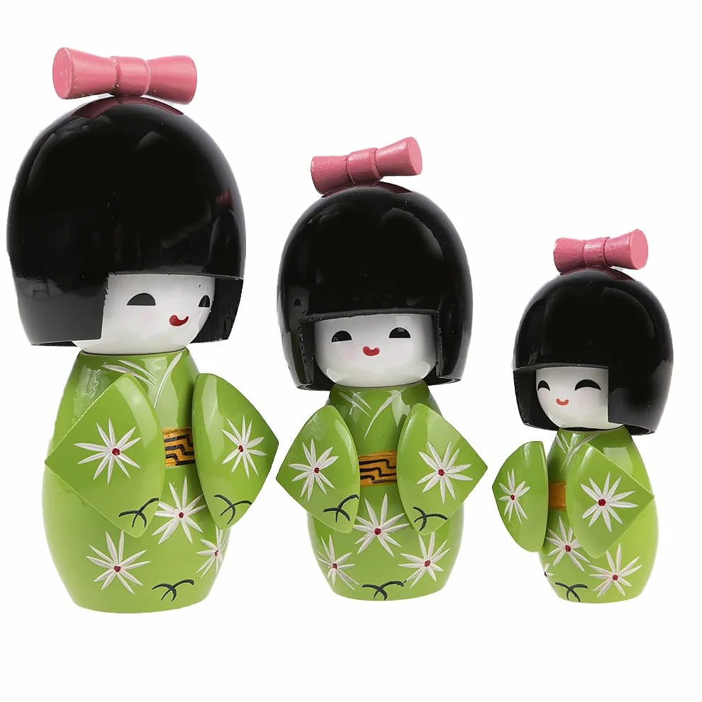 lachineuse - Trio Kokeshi giapponesi - Bambole giapponesi in legno - Kimono verde e fiori di ciliegio - Statuine decorative giapponesi - Idea regalo originale per decorazioni asiatiche