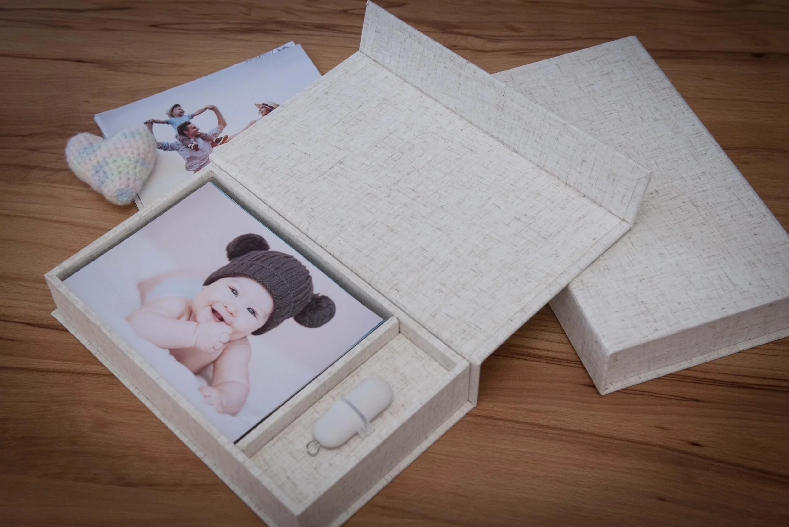 Scatola porta USB per matrimonio, con scatola per foto, 13 x 18 cm, tessuto di lino, colore naturale