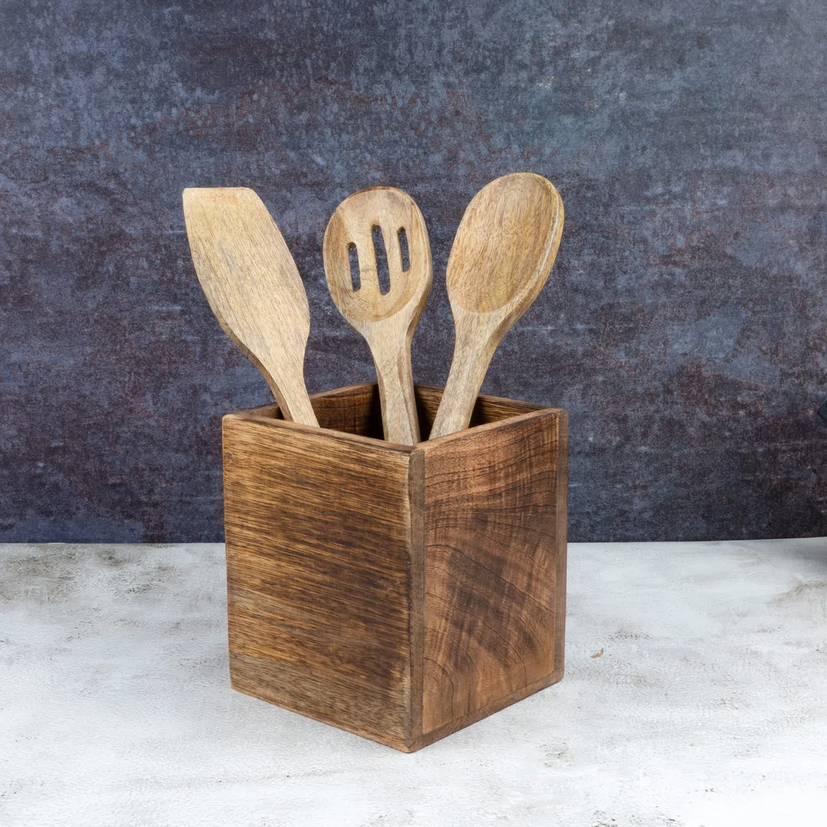 Samhita Portautensili da cucina in legno di mango per piano di lavoro, contenitore per utensili da cucina (12,7 x 12,7 x 15,2 cm)