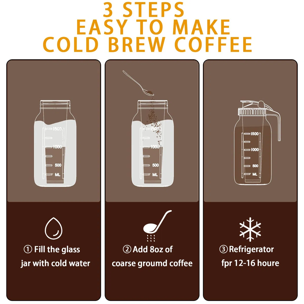 Brocca per caffè freddo, in vetro spesso, con filtro in acciaio inox, coperchio a prova di perdite, manico ergonomico per caffè freddo, tè, limonata, bevande fatte in casa (nero, 907,2 g)
