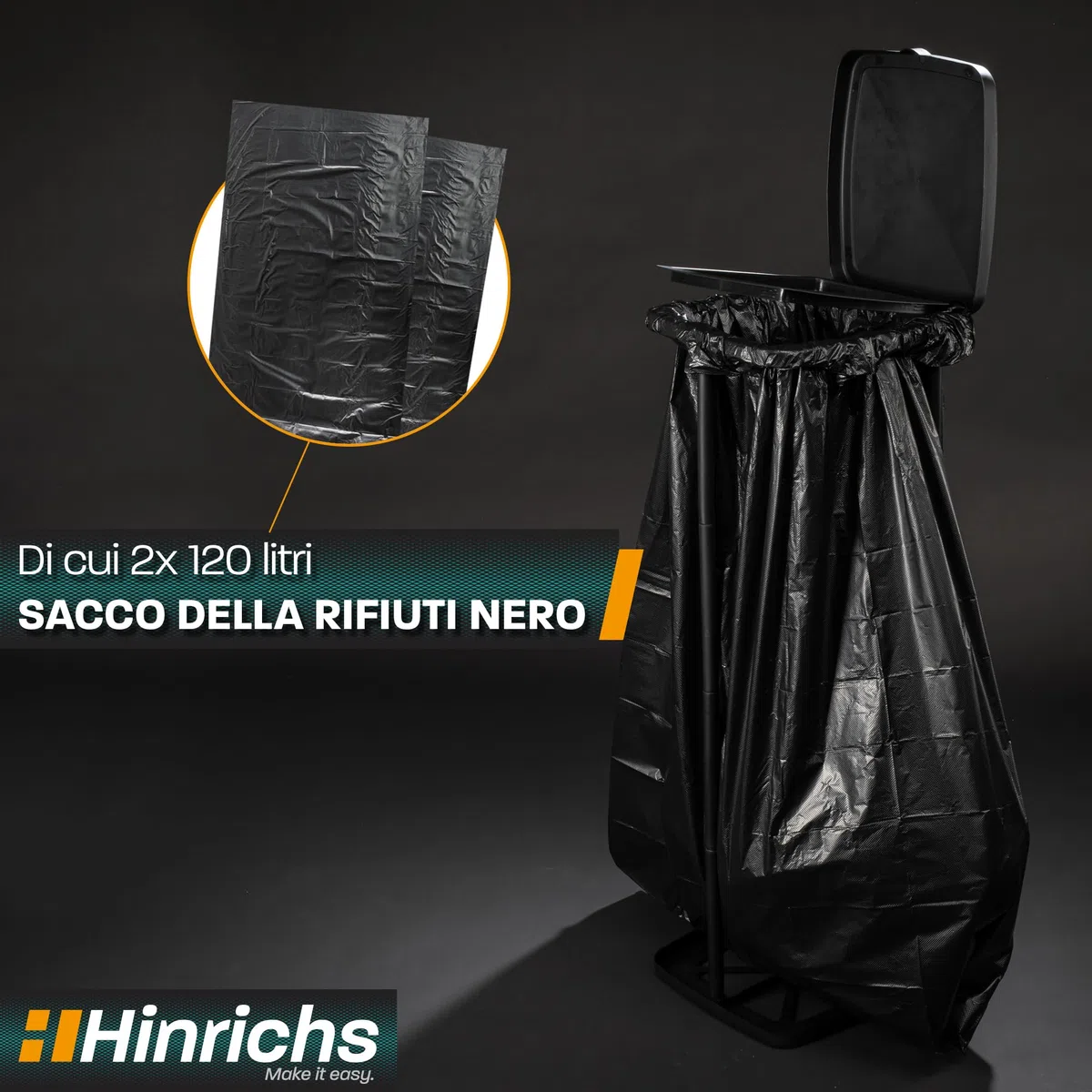 Hinrichs Supporto per sacco della spazzatura 120L - Supporto per sacco della spazzatura regolabile in altezza con coperchio per sacchi della spazzatura da 120L - Incl. 2 sacchetti per spazzatura 120L