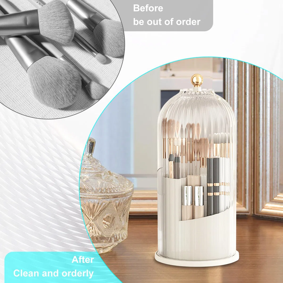Organizer per pennelli da trucco, 360 pennelli girevoli, organizer, trasparente, antipolvere, con coperchio per tavolo da toeletta, bagno, camera da letto (trasparente)