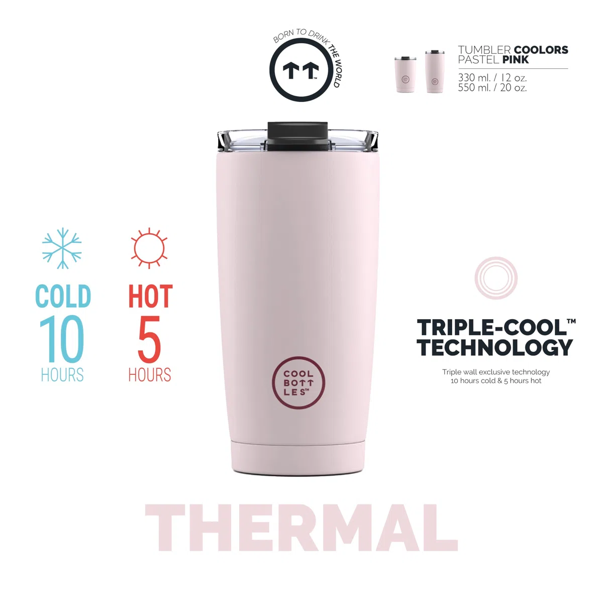 Cool Bottles - Tumbler - Bicchiere Termico in Acciaio Inossidabile - 550 ml - Pastel Pink - Tazza da Caffè - Coperchio Ermetico - Bevande Fredde 10 ore e Calde 5 ore - Finitura Antimacchia
