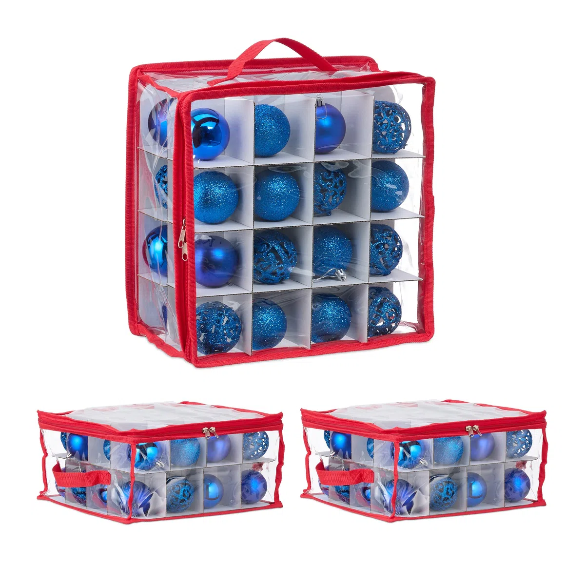 Relaxdays Scatola per Palline di Natale, Set 3 Porta Palle Natalizie a 32 Scomparti, HLP: 16x32x32 cm, Trasparente Rosso