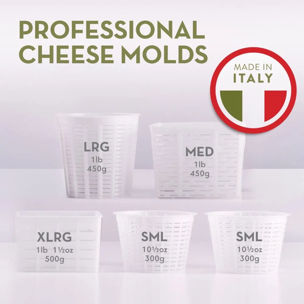 Easy Cheesemaking Kit,5 stampi per formaggi + libro per la produzione di formaggi,Made in Italy,Ricette per fare ricotta, paneer, quark e altro,Set di filtri professionali per formaggi