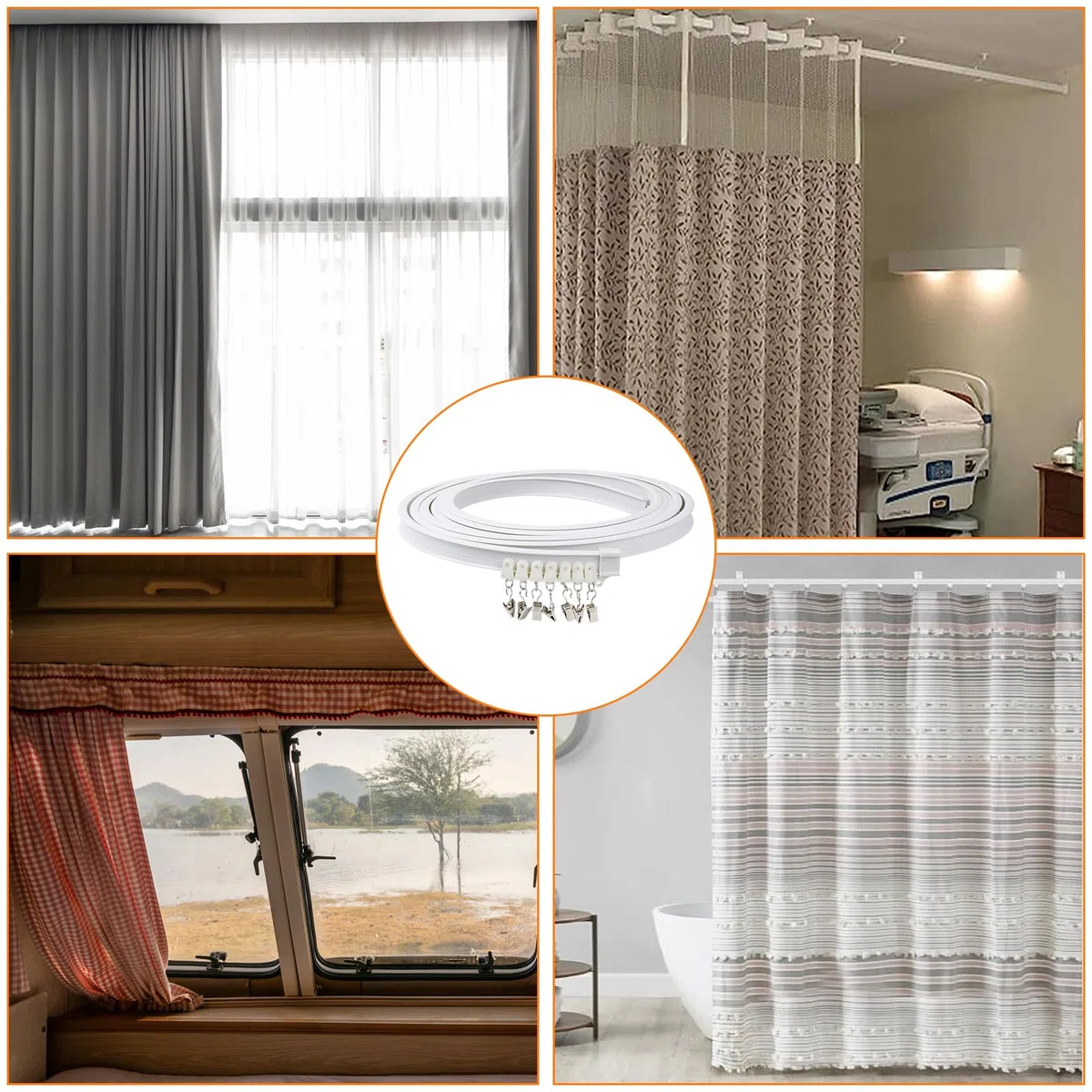 5 m Binario Curvo Tende a Soffitto, 110 Pcs Sistema di Binario Flessibile e Montaggio Accessori, Kit di Binari per Parete Finestre Stanze Divisore Tenda Doccia, Bianco (B)