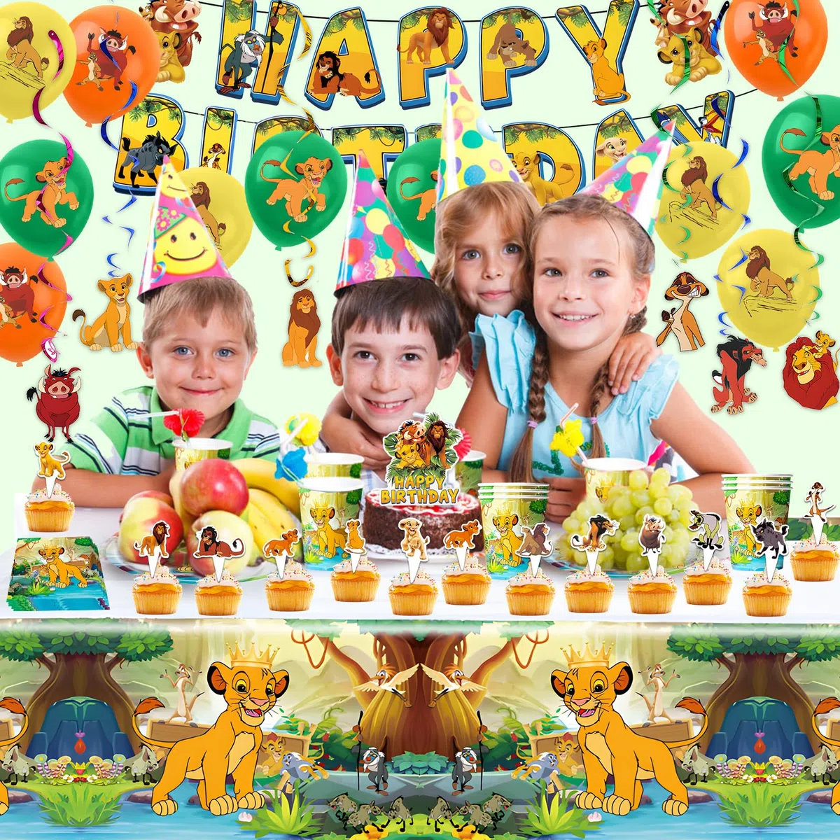 89 Pezzi Decorazione di Compleanno Leone, Piatti di Carta per Feste di Compleanno per Bambini Piatti Tovaglioli Palloncini Decorazione per 10 Persone