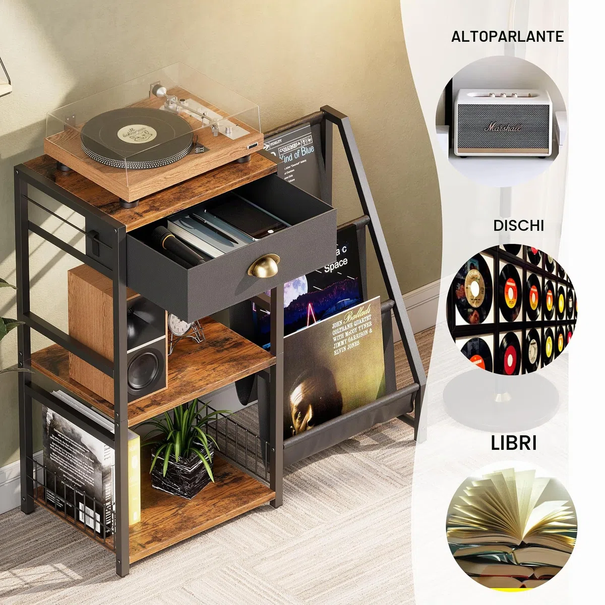 Supporto per giradischi a 3 ripiani, stile vintage, con cassetto, supporto per dischi in vinile, con 3 livelli, 86 x 30 x 75 cm