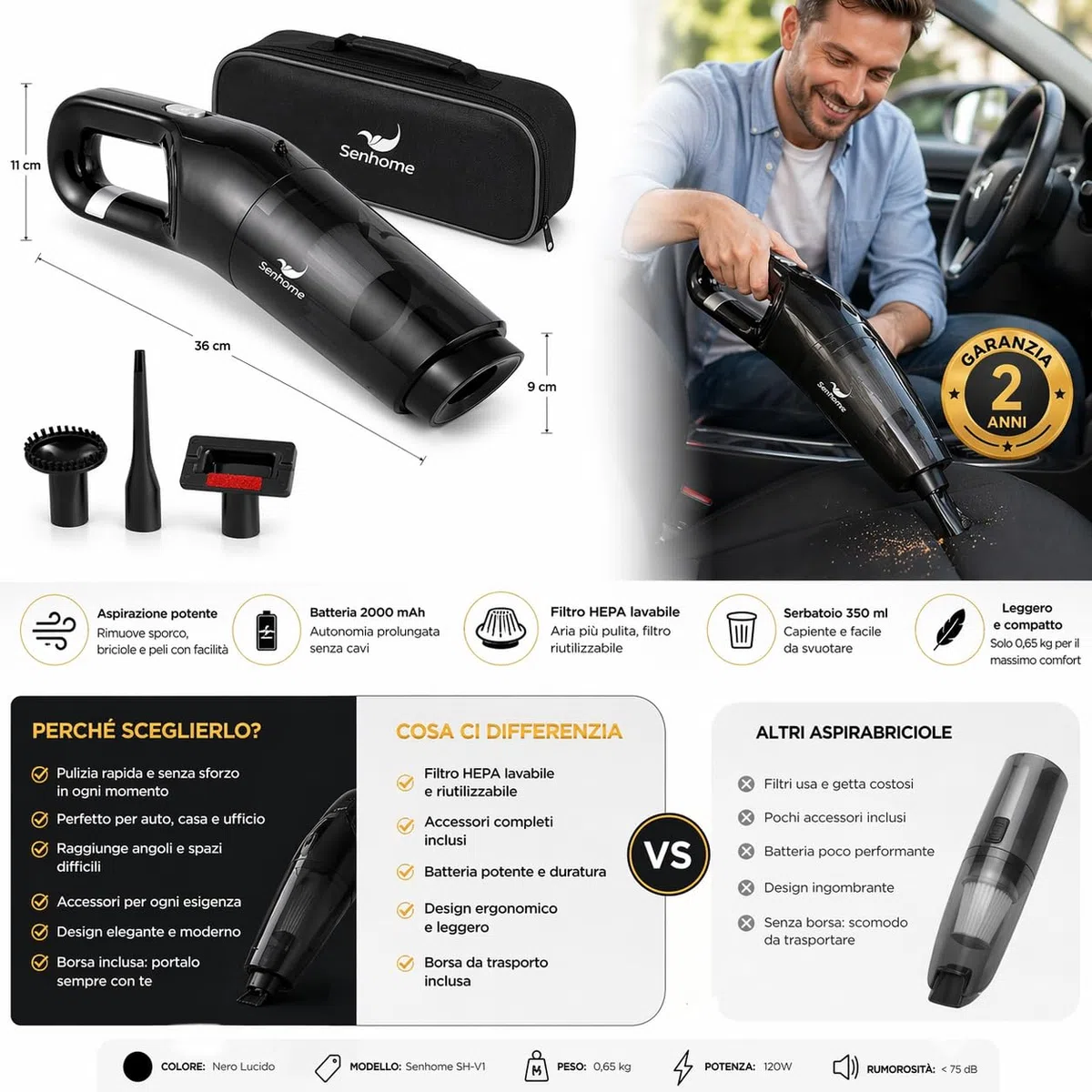 Aspirabriciole Senza Fili Ricaricabile - Pulizia Rapida di Cibo, Peli e Tappeti - Aspirazione Potente e Filtro Hepa Lavabile - Batteria 2000 mAh, Serbatoio 350 ml, Accessori e Borsa Inclusi