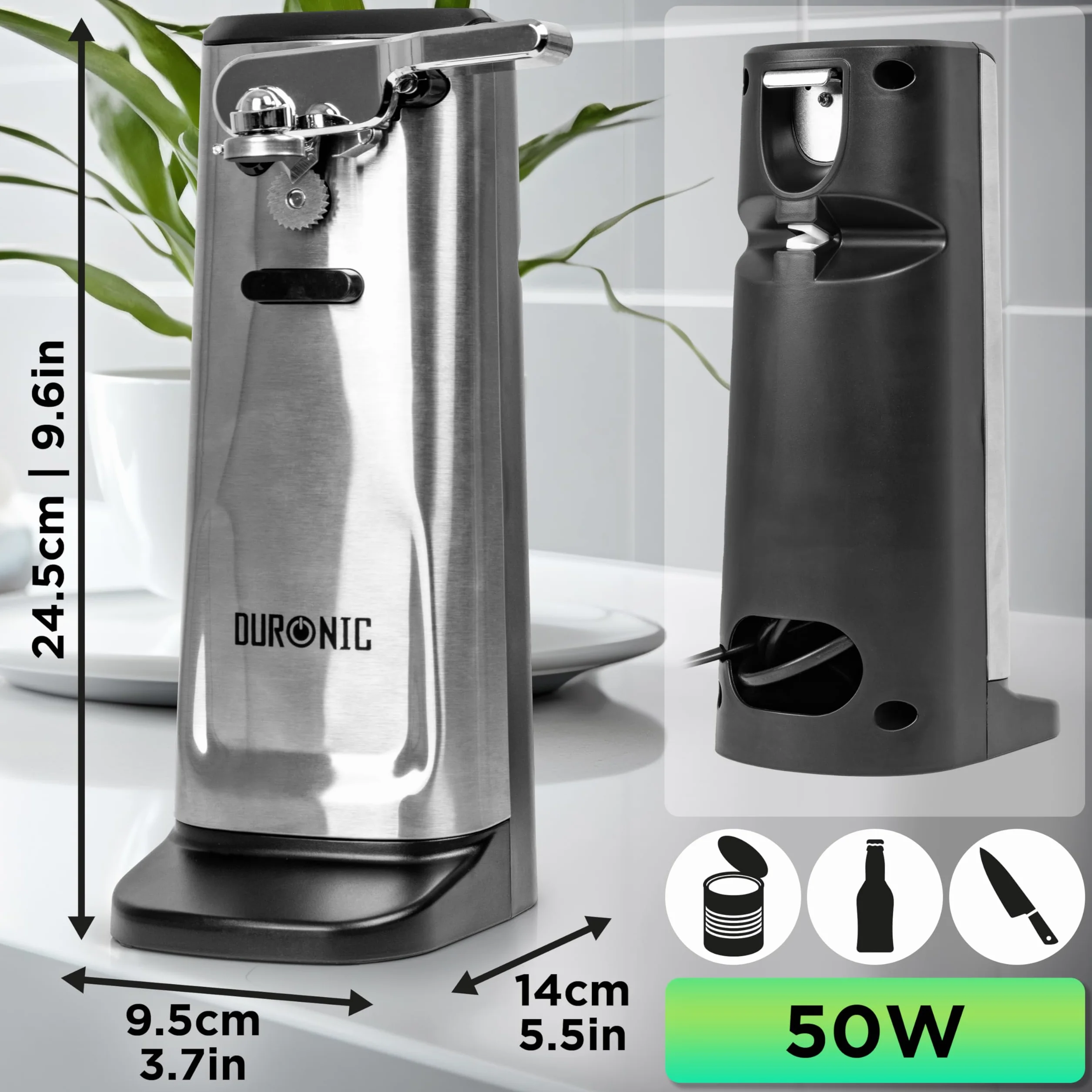 Duronic CO60 Apriscatole Elettrico 50W Automatico, Apri Lattine da Tavolo con Arresto Automatico, Affilacoltelli Integrato, Apribottiglie e Decapsulatore, Can Opener, Facile per Anziani
