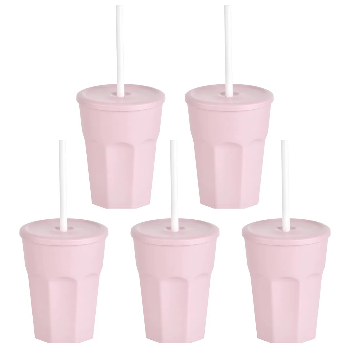 5 bicchieri di plastica con coperchio, rosa, con cannuccia, per feste, in plastica, riutilizzabili, 0,25 litri