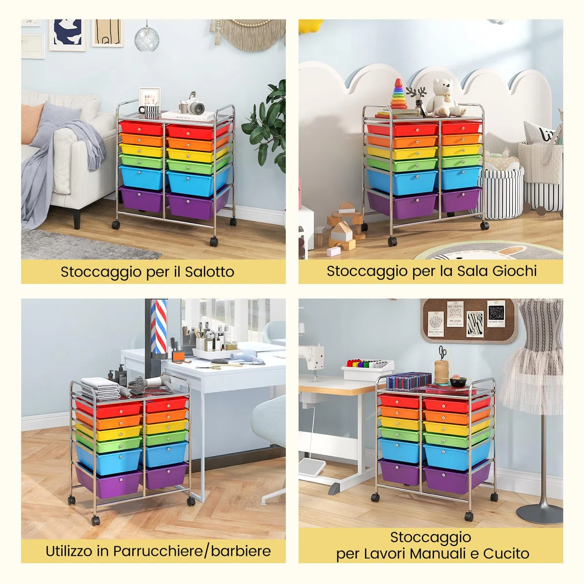 COSTWAY Carrello con 12 Cassetti con Ruote, Carrello di Stoccaggio Multiuso con Ampio Spazio di Archiviazione, Ideale per Casa Ufficio Domestico, 73,5 x 37 x 63 cm (Colorato)