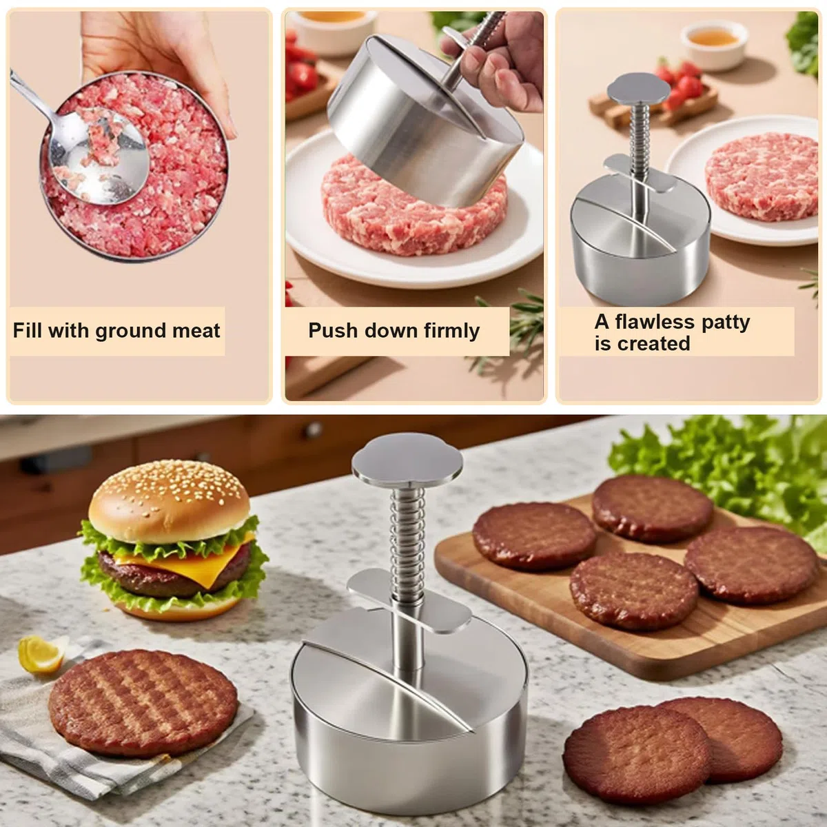 Pressa per Burger & Smash Burger Press in Acciaio Inox, qualità Alimentare 304, Pressa Regolabile e Antiaderente, Anche Come Padellino per Casa, Campeggio e Barbecue