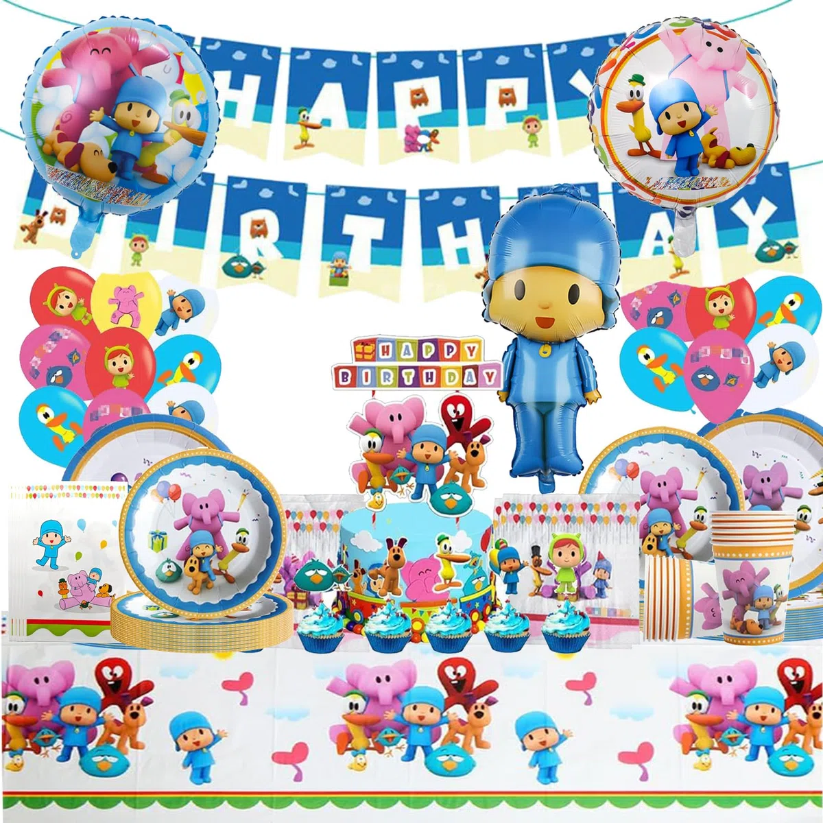 105 Pezzi Pocoy Stoviglie per Feste di Compleanno，Addobbi Compleanno Pocoy，Tovaglioli, Tovaglia, Piatti di Carta
