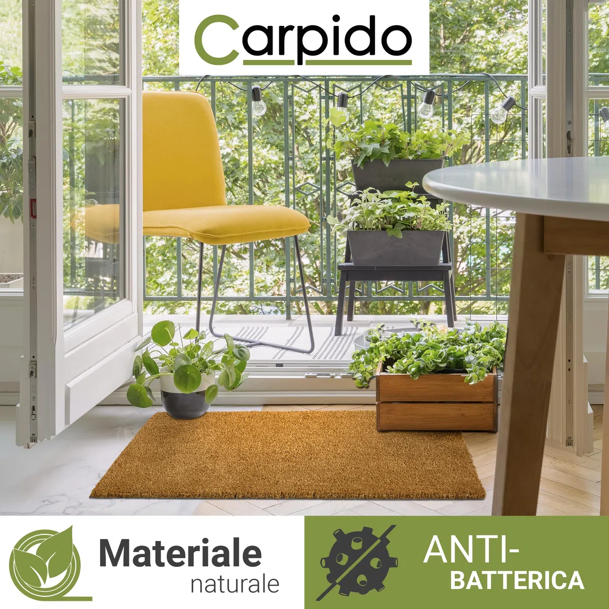 Carpido Zerbino in cocco antiscivolo - 40 x 60 cm naturale - Fibra naturale sostenibile per esterni coperti - 100% cocco - Tappetino per ingresso