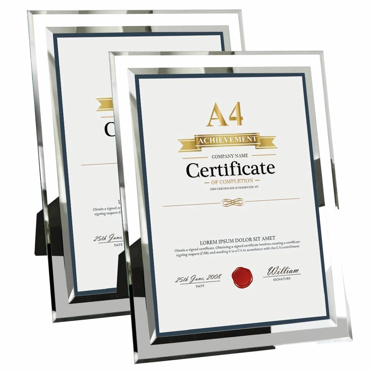 Cornice portafoto A4 in vetro argentato per certificato, diploma, poster, supporto per tavolo