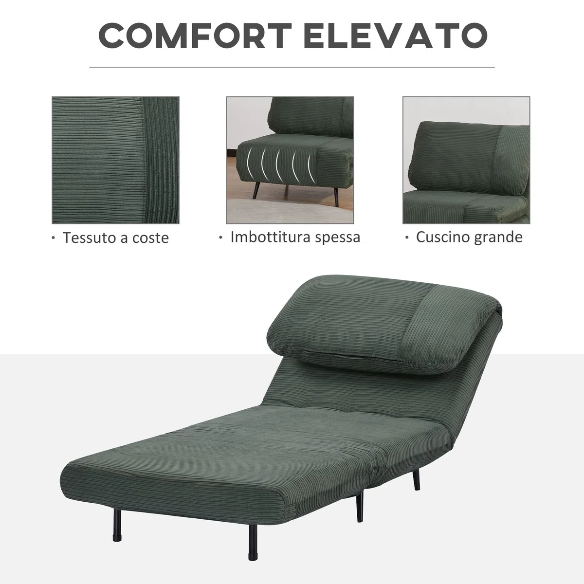 HOMCOM Poltrona Letto 2 in 1 Singola Regolabile su 3 Livelli con Seduta Extra-Large e Imbottita in Gommapiuma, Struttura in Legno, Acciaio ed Effetto Velluto Verde