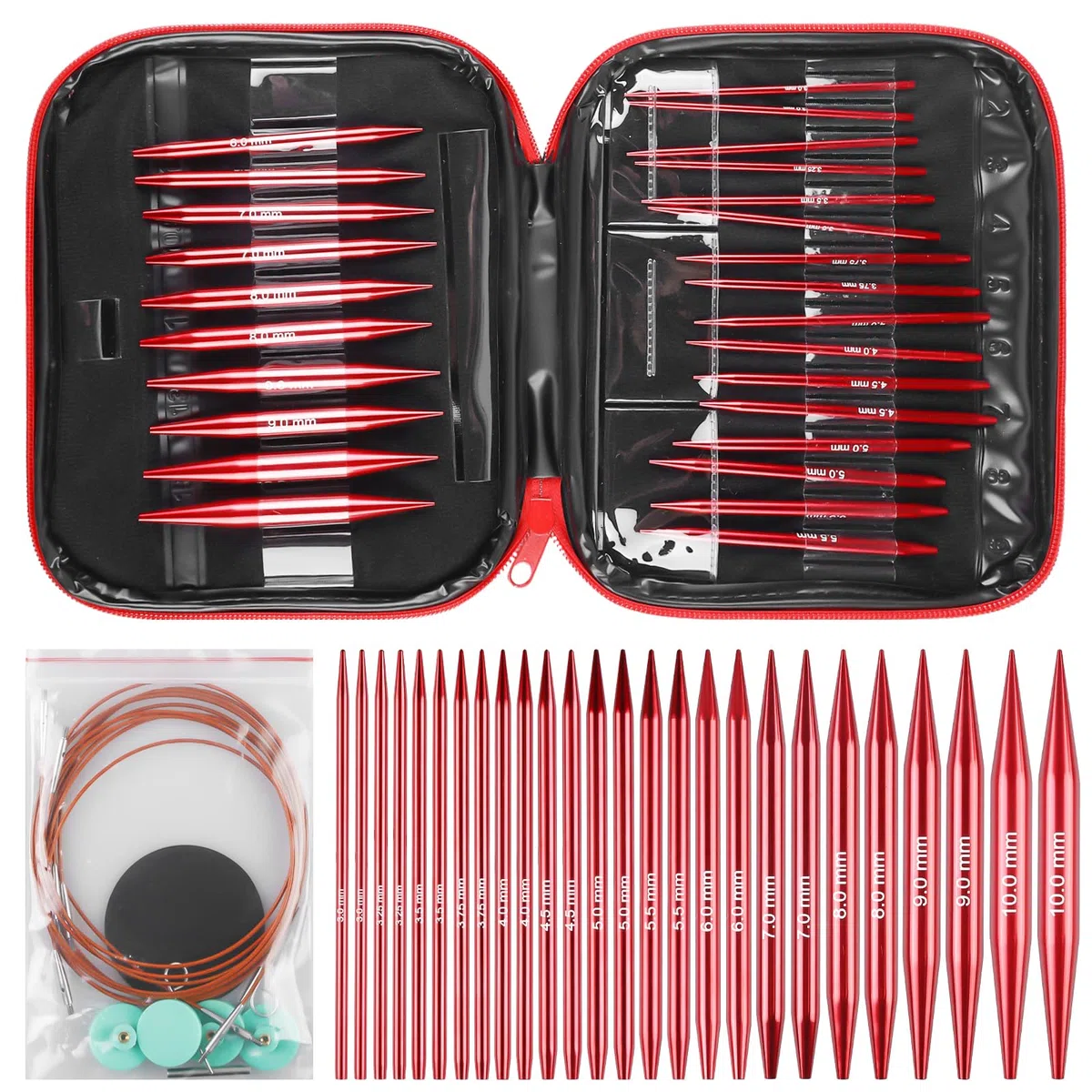 Set di 13 ferri da maglia, 3,0 mm - 10,00 mm, rimovibili, circolari, intercambiabili, in alluminio, per lavori a maglia fai da te