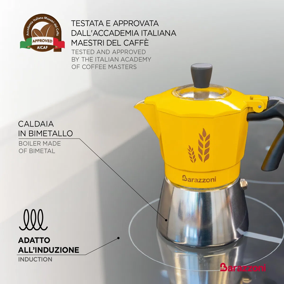 Orziera 2 Tazze, Caldaia bimetallo: acciaio esterno+ alluminio interno per un ottimo caffè d'orzo, Certificata AICAF Accademia Italiana Maestri del Caffè, Gas