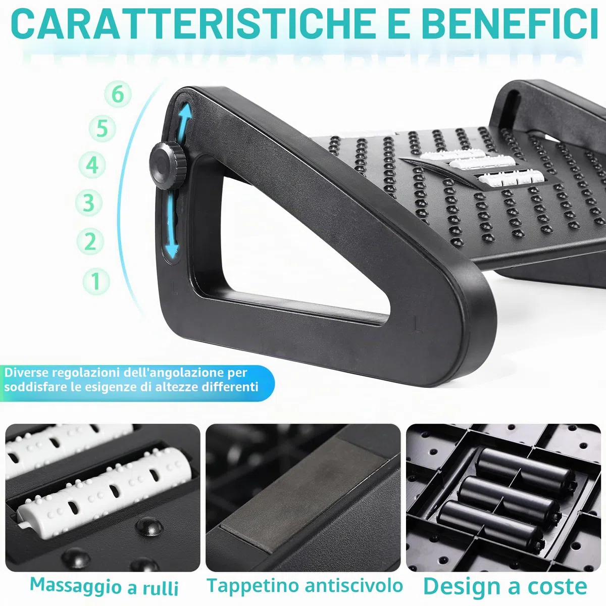 Mkitnvy Poggiapiedi per scrivania Ergonomico con 6 Regolabili e funzione di massaggio, Poggia piedi per casa, ufficio e viaggi