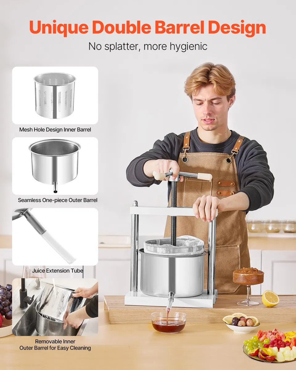 VEVOR Pressa Manuale per Vino di Frutta Cesto in Acciaio Inox 5L con Manico, Spremiagrumi Manuale per Bevande Alcoliche Pressa per Sidro, Mela, UVA, Tintura, Miele, Olio d'Oliva Cucina, Casa