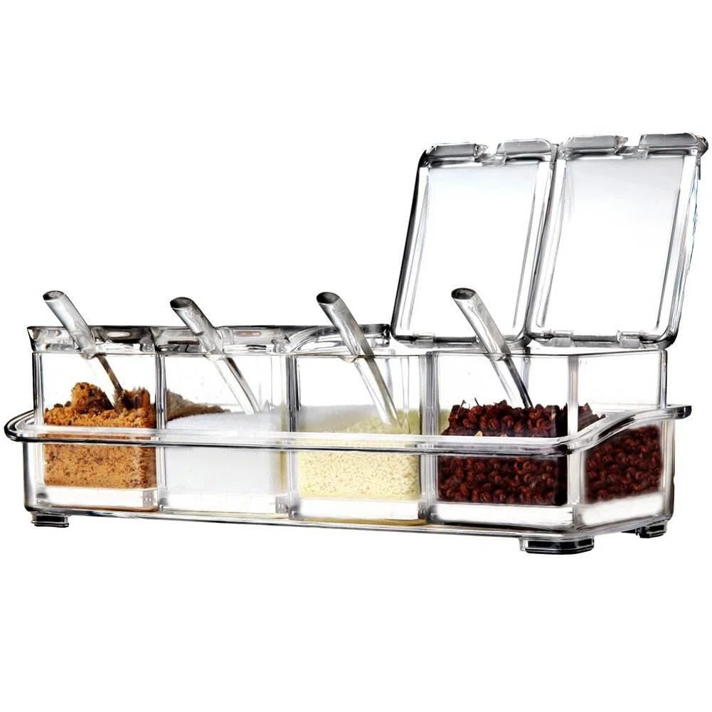 LOYUYU Scatola di Condimento, Condimento Rack Spice Pots, Contenitore di Stoccaggio Condimento Vasi, 4 Pezzi Trasparente Acrilico Cruet Con Coperchio e Cucchiaio Trasparente