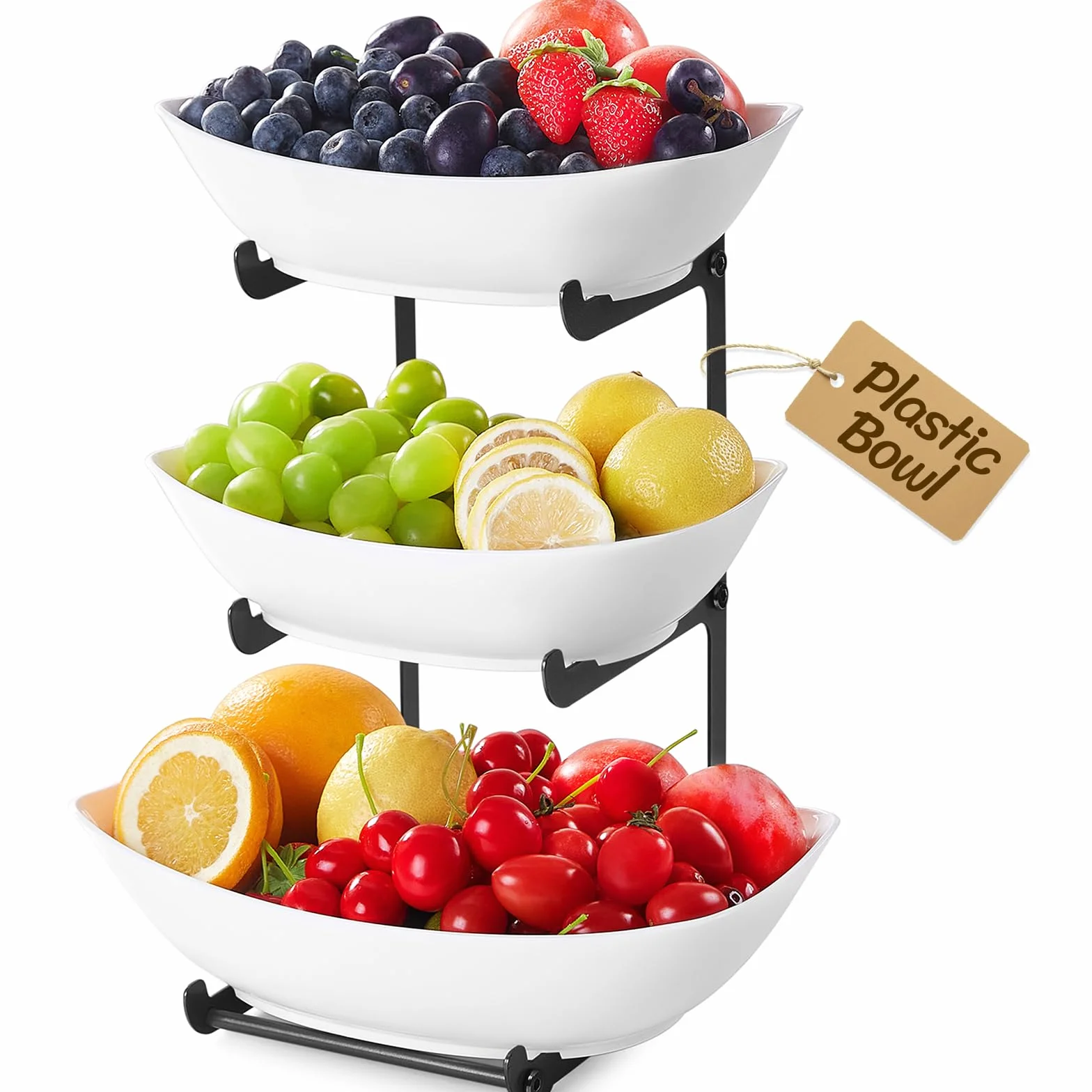 Lifewit Cestino per Frutta in Plastica a 3 Livelli Piano Cucina, Portafrutta con Supporto in Metallo Nero, Vassoio da Portata per Cibo, Verdure, Torte e Dessert per Feste, 28 x 35 cm, Nero