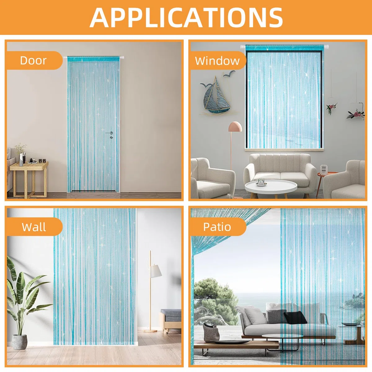 LITLANDSTAR 4 tende a fili per porta, con brillantini, decorazione per finestre, divisori e perle, per matrimoni, feste, 100 x 200 cm (blu)