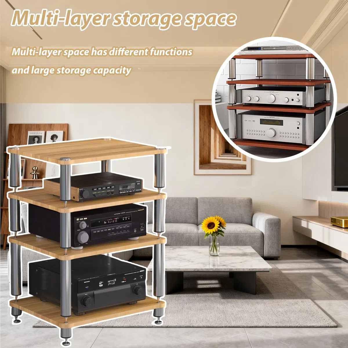 Mobiletto AV HiFi A 3 Ripiani Ripiano In Legno Supporto Per Giradischi Mobile Stereo Sound Tower Rack Portaoggetti Per Console Multimediali(Teak color,Three-layer)