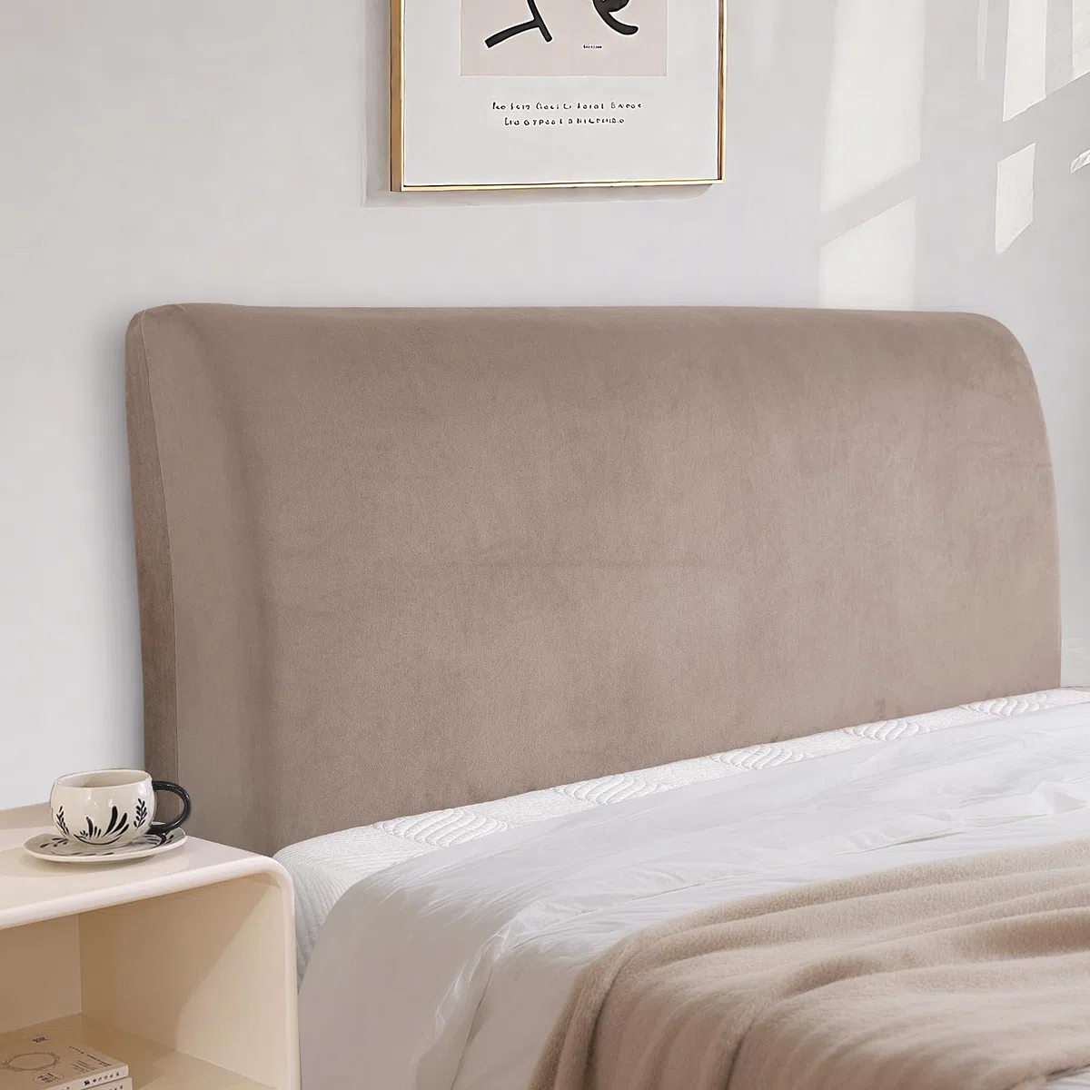 Velluto Copri Testata Letto, Elasticizzato Copertura Per Testiera Del Letto, Tinta Unita Copertura Per Testiera Per Letto, Lavabile, Per Letti Singoli Matrimoniali（180cm, Cachi）