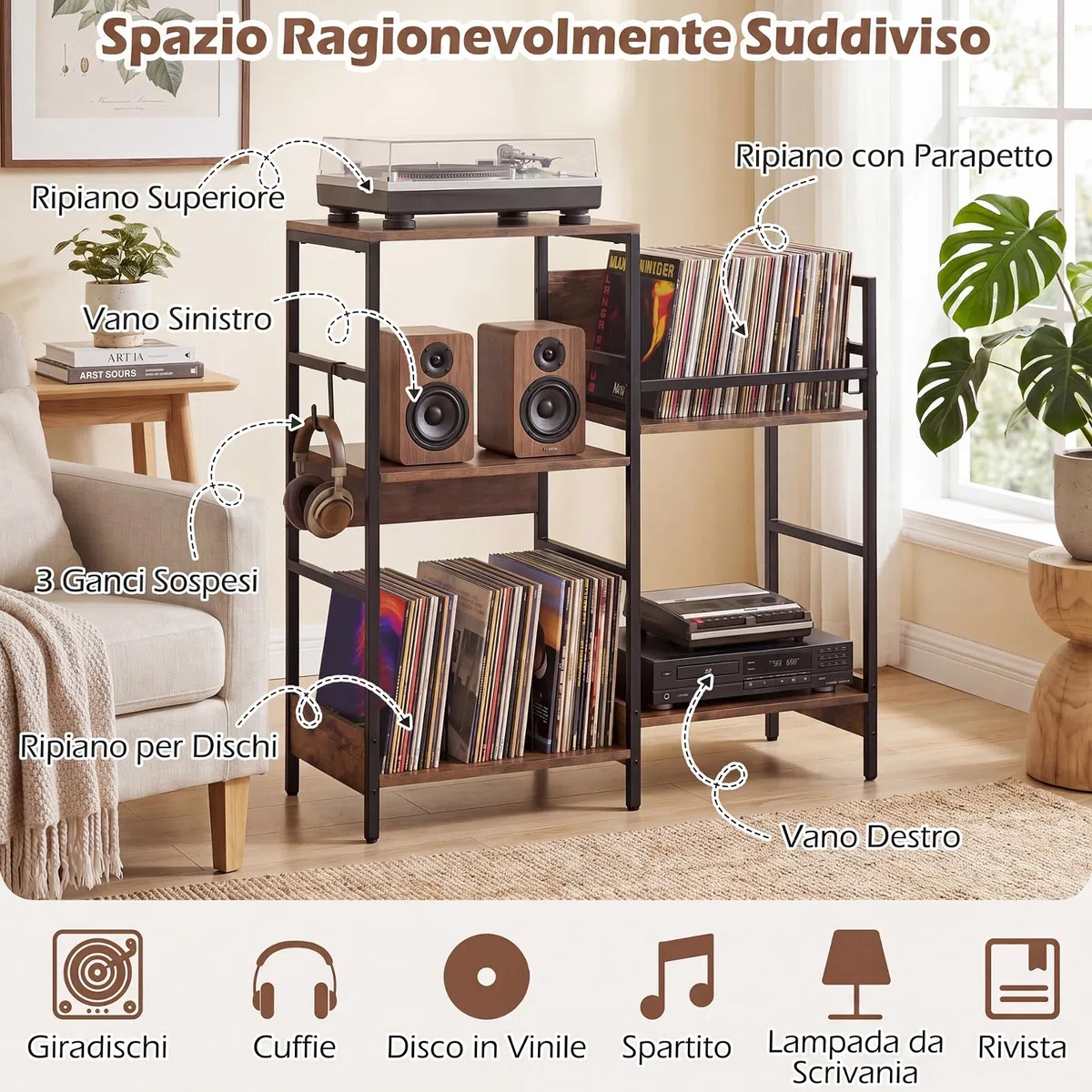COSTWAY Mobile per Giradischi, Supporto per Vinile con Stazione di Ricarica, Mobile Porta Giradischi con 3 Ripiani, Scomparto, Ripiano Porta Vinili e 3 Ganci per Soggiorno e Studio, 78 x 30 x 78 cm