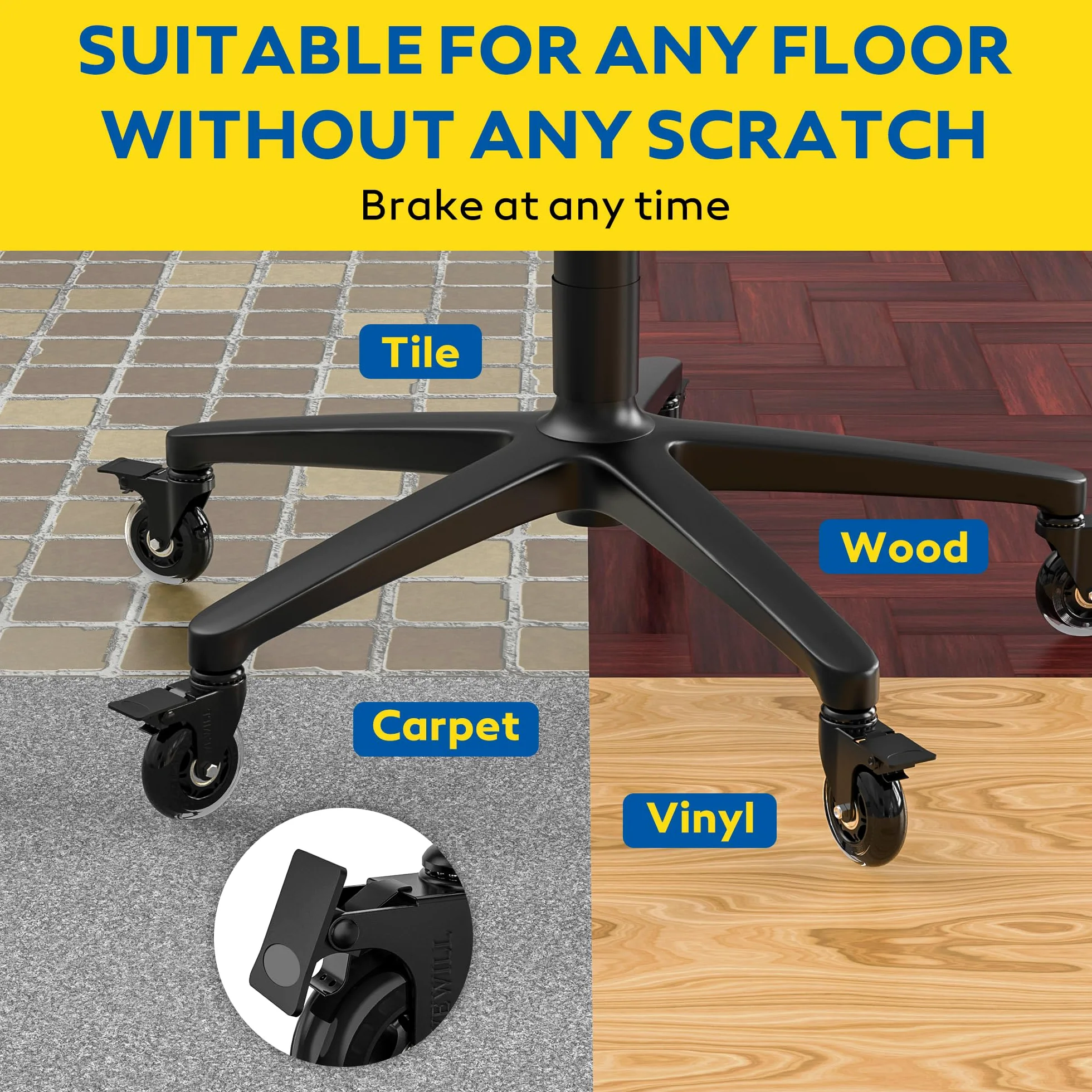 WEWILL rotelle per sedie da ufficio con blocco, 5 pezzi di rotelle di ricambio per sedie da ufficio per moquette e parquet, rotelle resistenti all'usura per proteggere il pavimento con freno (10*22mm)