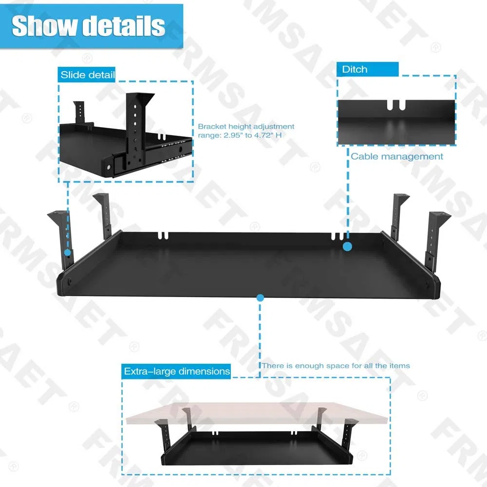FRMSAET Cassetto per tastiera Vassoio interamente in metallo Materiale 53 cm/ 60 cm/ 76 cm Piattaforma Computer Organizer Home Office Cucina Garage Strumento di archiviazione. (53 cm, nero)