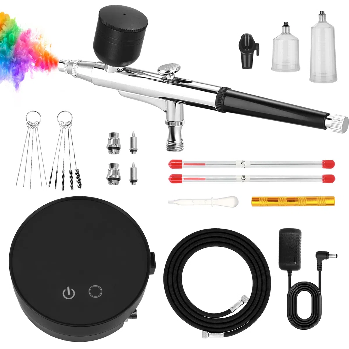 Set aerografo con compressore, 3 livelli di pressione (28/35/46 PSI), pistola aerografo con 3 ugelli (0,2/0,3/0,5 mm), perfetto per modellismo, nail art, trucco, decorazioni per torte e progetti