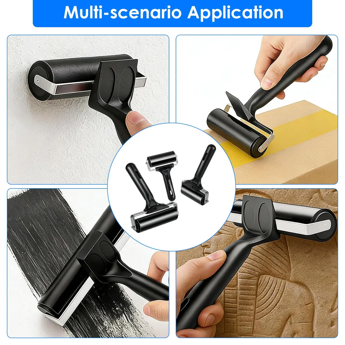 3 Rullo in Gomma per Pittura e Stampa, Rullo per Giunzioni e Arts & Crafts, Set di Rullo Pittura con Manico (6, 10, 15 cm) per Stencil e Decorazione