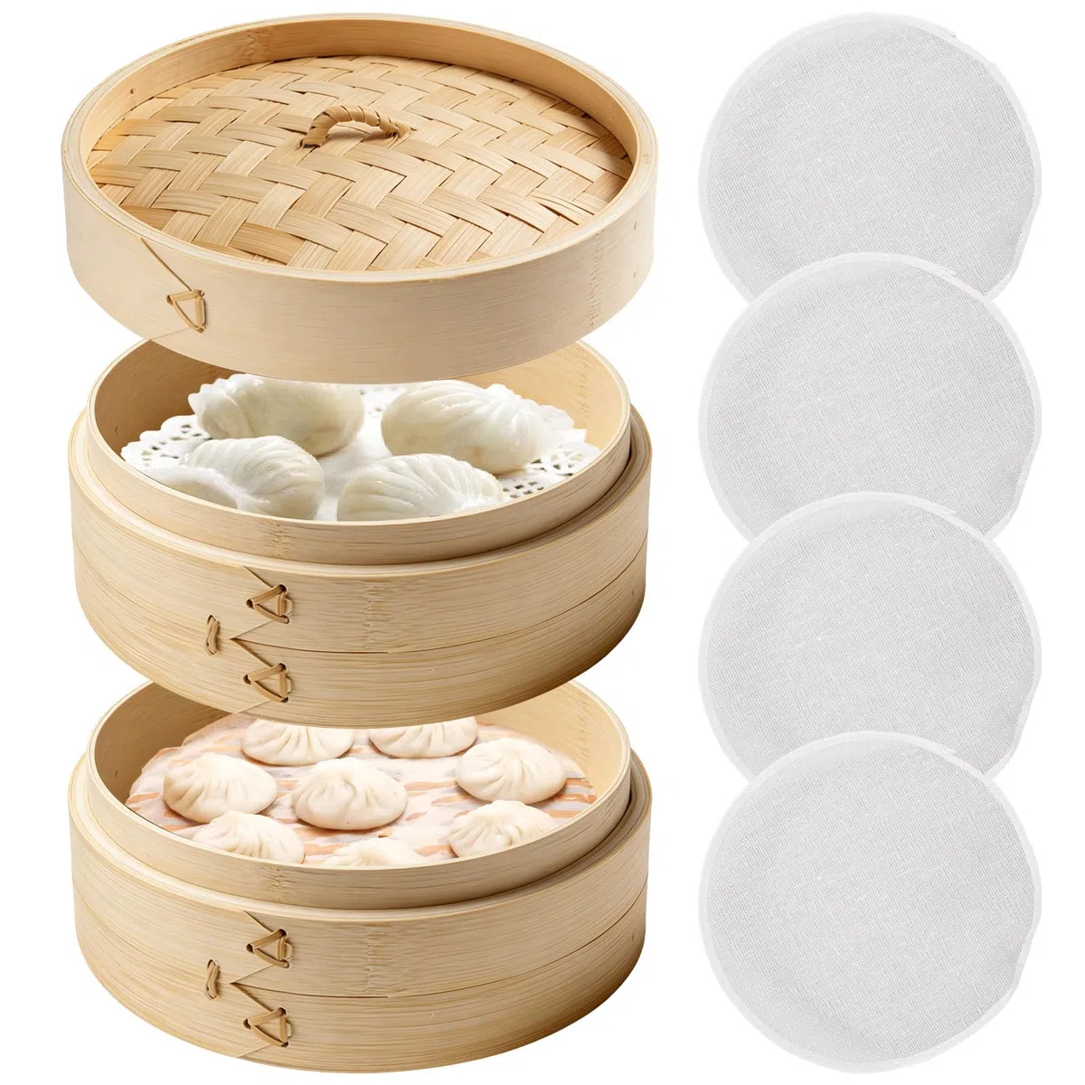 Cuocere a vapore in bambù, 21 cm, a 2 ripiani, in bambù intrecciato, versatile cestino a vapore asiatico, con 4 panni in cotone per riso, verdure, Dim Sum, Dumpling