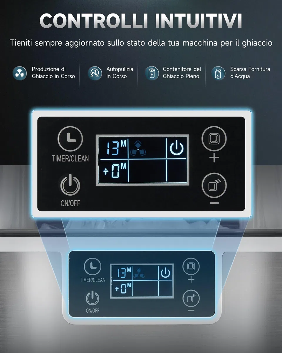 CREWORKS Macchina Ghiaccio 22kg/24 Ore Fabbricatore Ghiaccio 24 Cubetti in 11-20 Minuti Serbatoio 3.2L Macchina per Ghiaccio Autopulente con LCD Pannello per Casa Ufficio Bar Ristorante