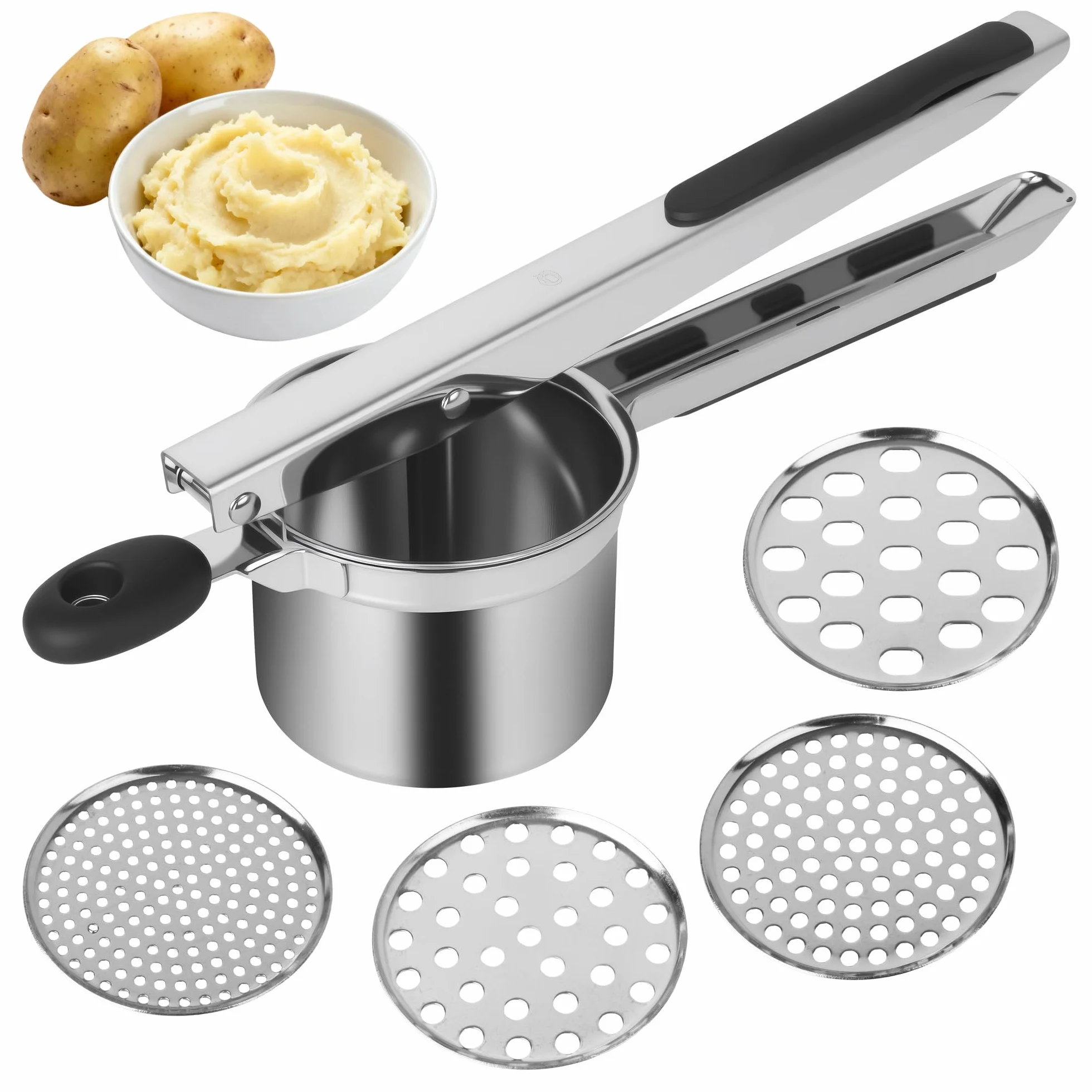 Schiacciapatate con 4 Setacci intercambiabili,Schiacciapatate Acciaio Inox,Pressa per Patate,Acciaio Inox per Purè di Patate, Frutta, Verdure, Bébé, Limone