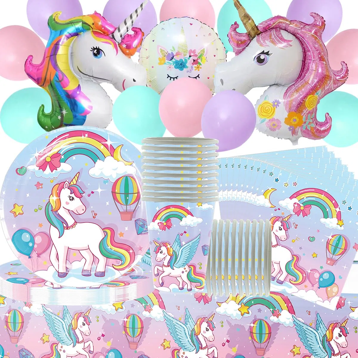 Set di 20 ospiti di compleanno unicorno per ragazze e ragazzi, unicorno, palloncini, piatti di cartone, tovaglioli, decorazione di compleanno per ragazze