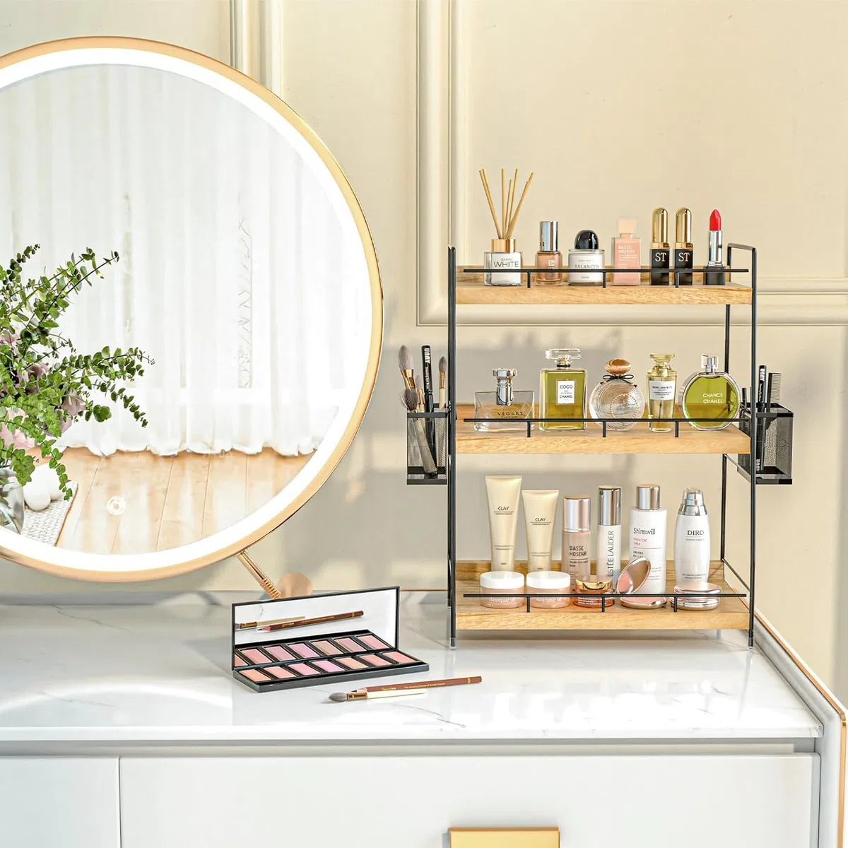 Organizzatore da Banco per il Bagno con 2 Cestini, Contenitori per Cosmetici a 3 Livelli, Piccolo Scaffale in Legno per Spezie, Organizer per Bagno, Scrivania, Ufficio, Cucina, Casa